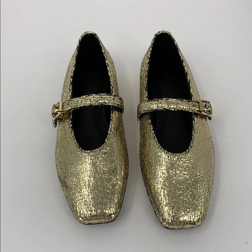 Katy Perry Evie maryjane flat shoe gold metallic crinkle vegan buckle new 9